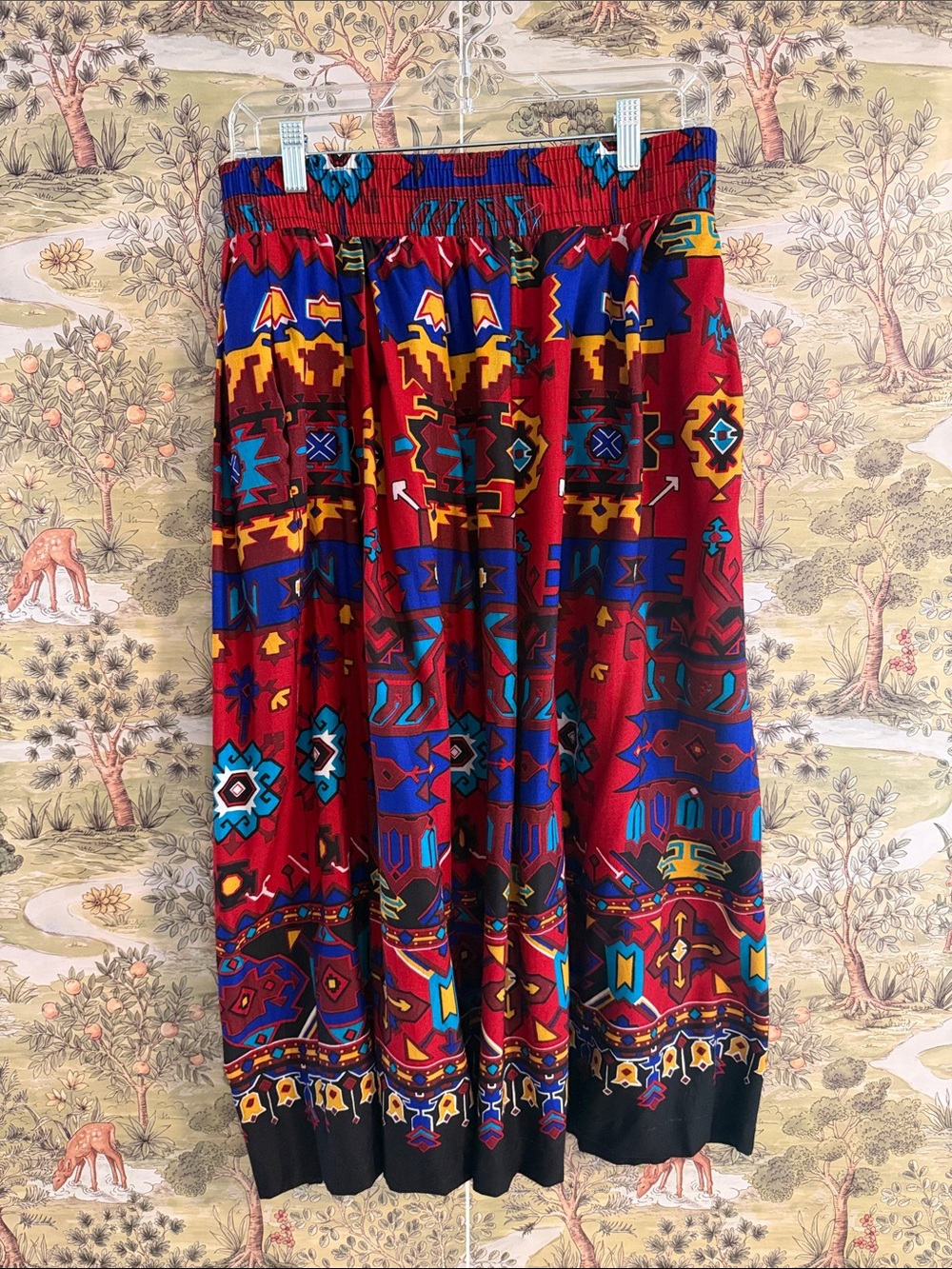 Worthington Red Aztec Print Midi Skirt with Blue & Yellow Accents